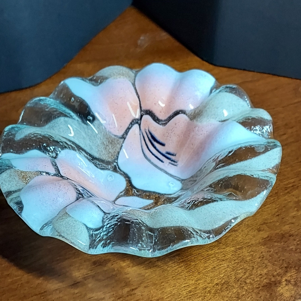 Sydenstricker Fused Art Glass Bowl, 6.5" diam, Orchids Patterned, VGUC